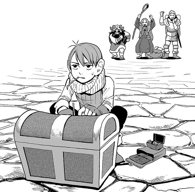 Dungeon Meshi -- Chilchuck is once again saddled with lockpicking duty while his friends provide emotional support from a safe distance.
