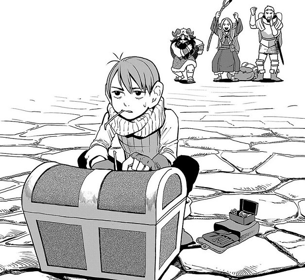 Dungeon Meshi -- Chilchuck is once again saddled with lockpicking duty while his friends provide emotional support from a safe distance.